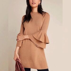 Anthropologie Ruffle Bell Sleeve Knit Dress Tan Womens Size Small Camel Bohemian